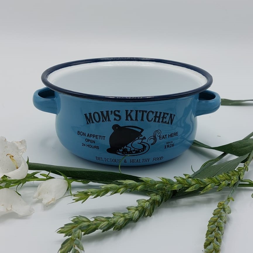 Mosselpot 'Mom's kitchen', lichtblauw/zwart, emaille