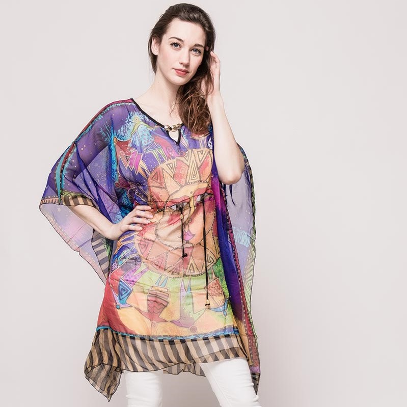 Tuniek van transparante voile met print, donkerblauw